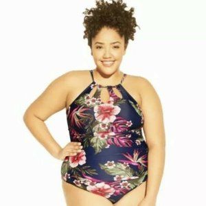 Kona Sol One Piece Floral Cut Out Neck Swmsuit 14W